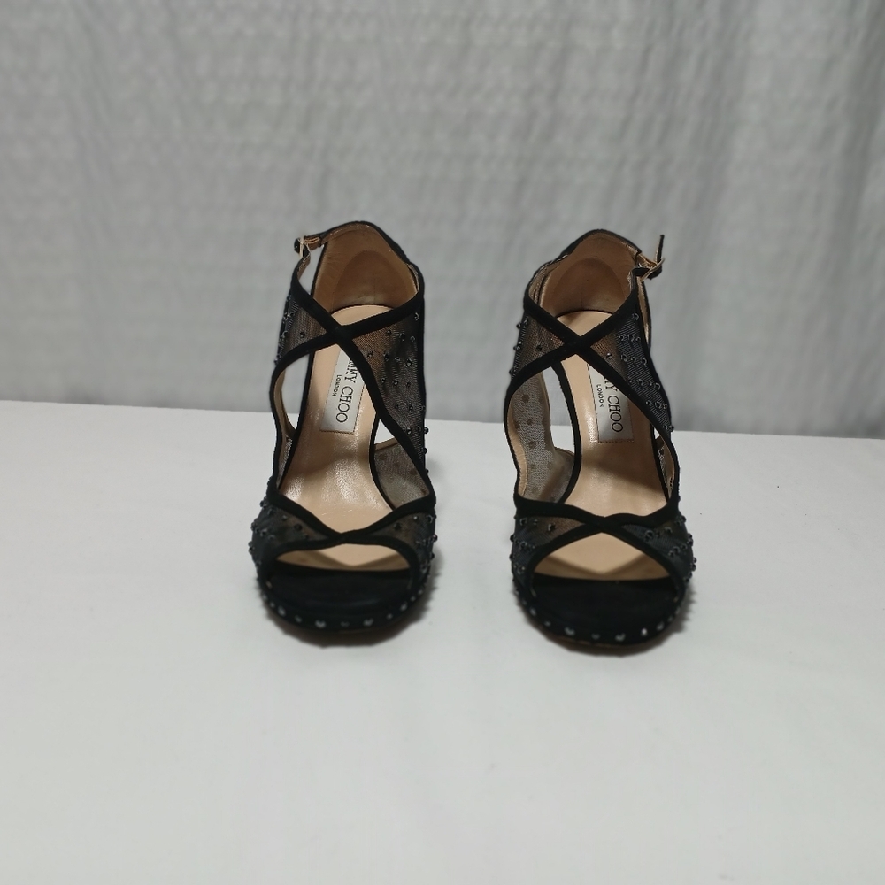 Jimmy Choo" Leondra" Black Suede& Semi- Sheer Mesh With Swarovski Crystals. 8.5 - Picture 7 of 16